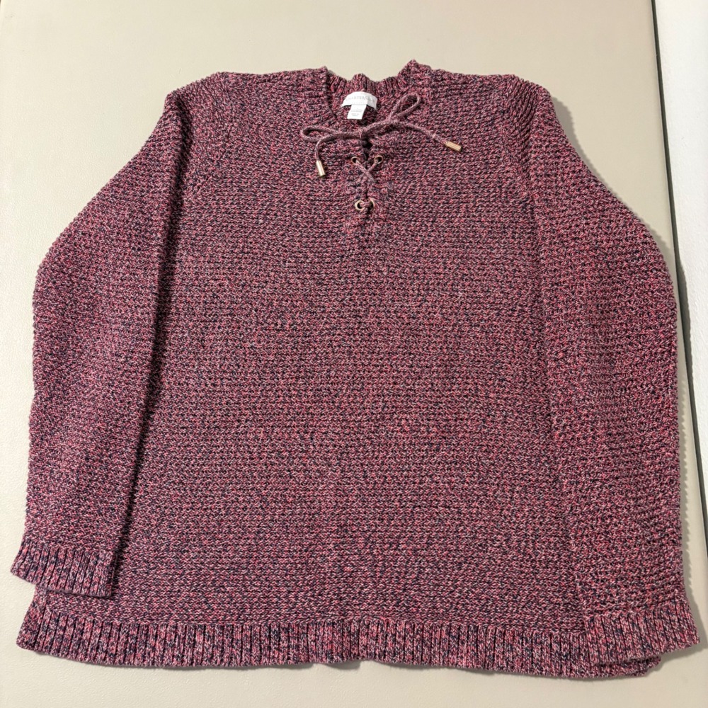 Charter Club Marled Pink Black Lace Up Neck Sweater Size L Knit Pullover